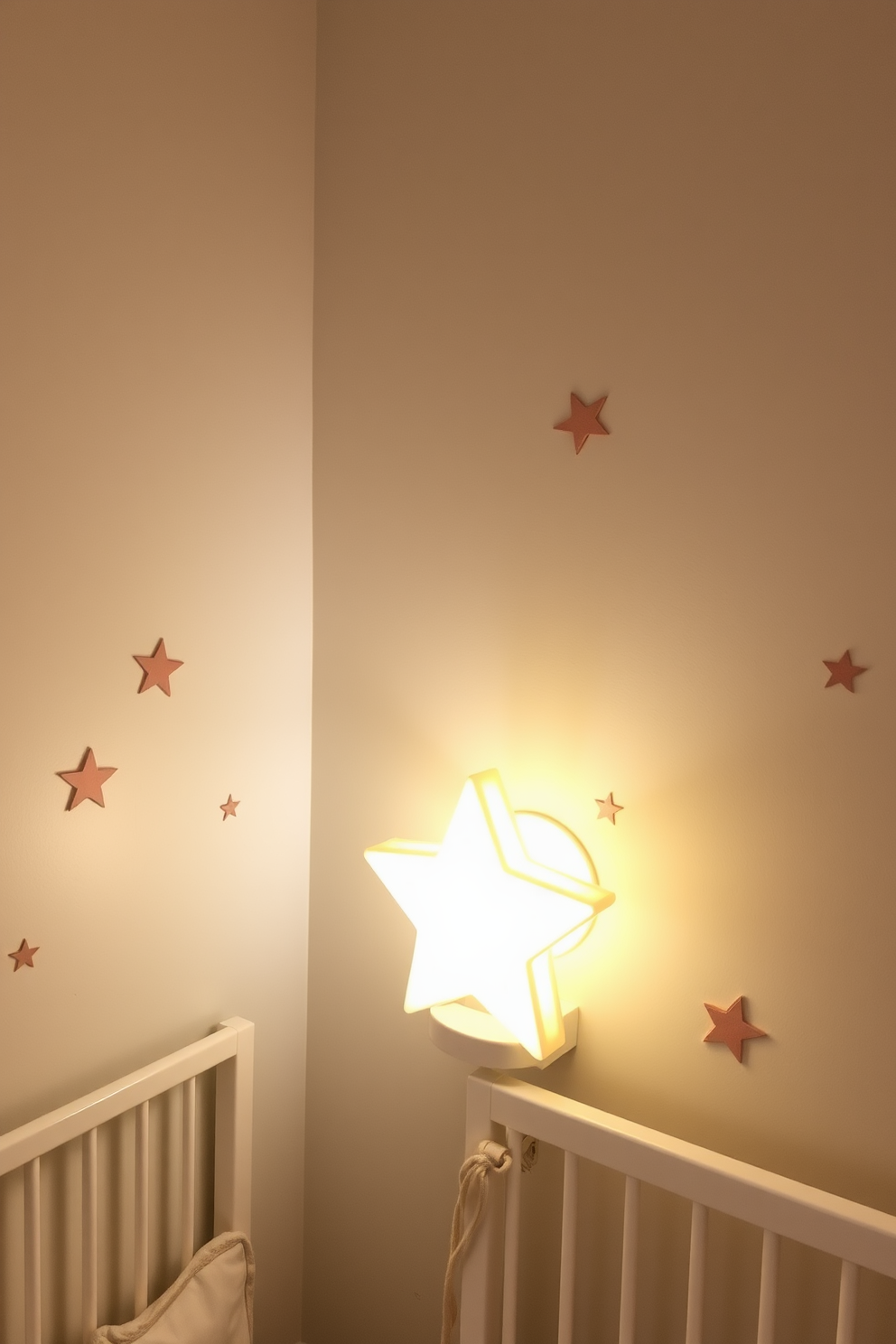 A cozy nursery setting featuring a star-shaped night light that emits a soft, warm glow. The walls are painted in a calming pastel hue, adorned with playful star decals that complement the night light's design.