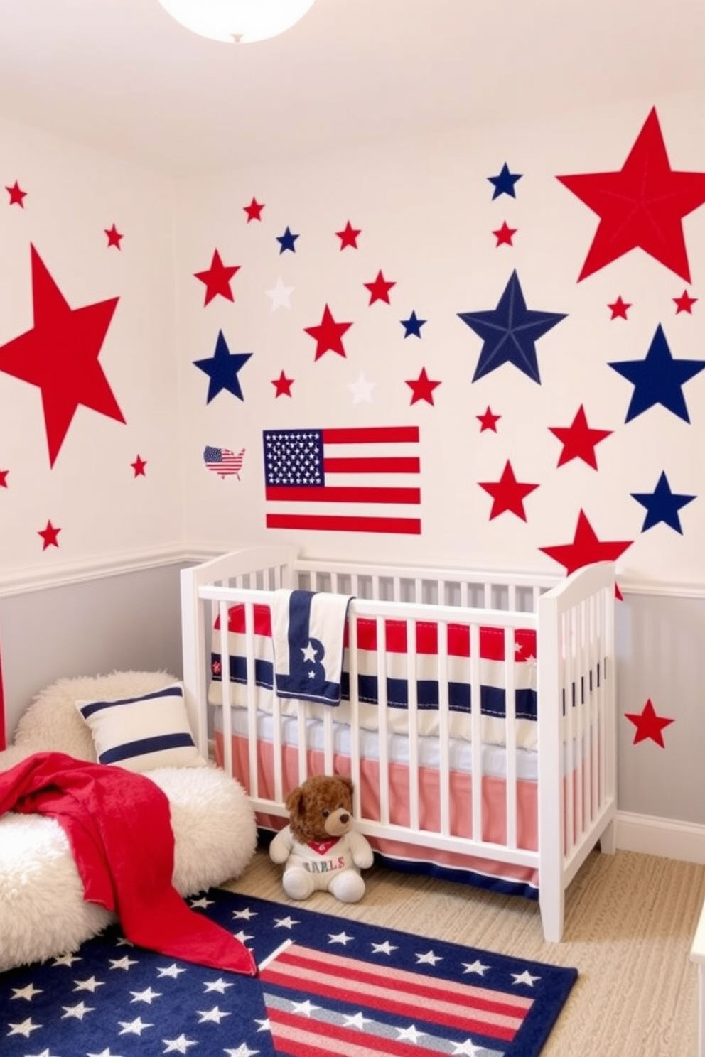 Wall decals featuring patriotic symbols create a vibrant and meaningful atmosphere in a nursery. Stars and stripes in red, white, and blue adorn the walls, celebrating national pride while providing a playful backdrop for a child's space. Soft, plush furniture complements the decor, ensuring comfort and safety for little ones. A cozy reading nook with a patriotic-themed rug invites imaginative play and relaxation.