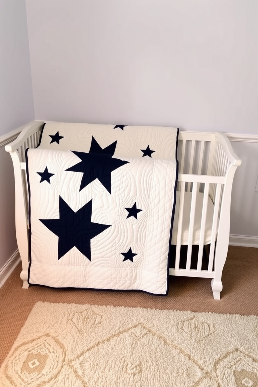 A cozy nursery featuring a quilt with a stars and stripes design draped over a white crib. The walls are painted in soft pastel colors, and a plush area rug with a similar pattern lies on the floor.