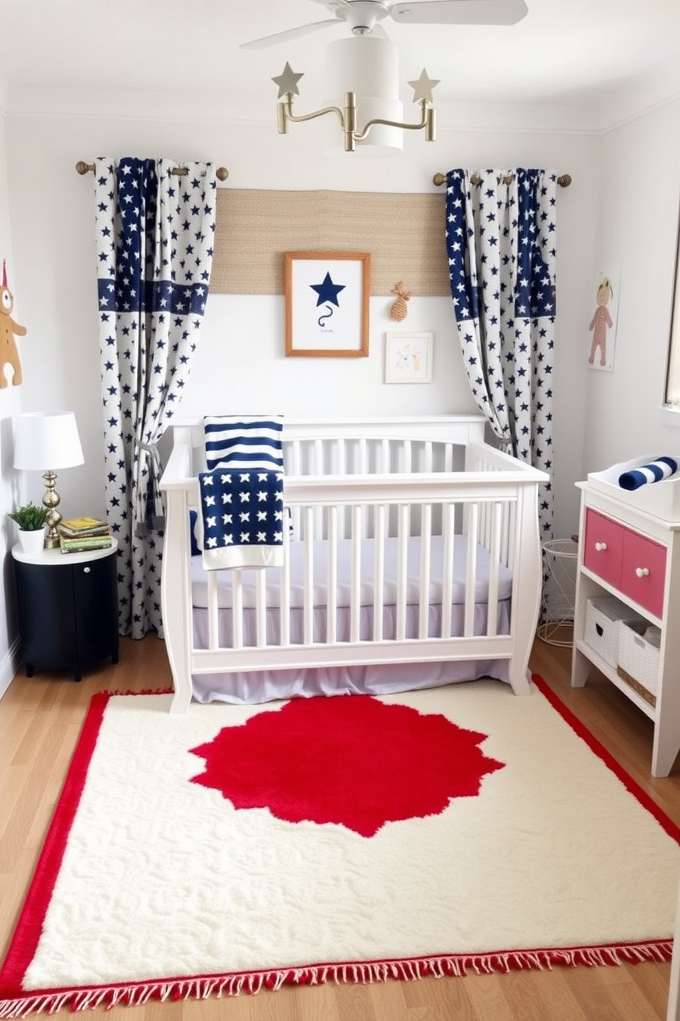 A cozy nursery featuring a red white and blue area rug that adds a festive touch to the room. The walls are painted in soft white, and there are playful accents like star-patterned curtains and themed wall art.