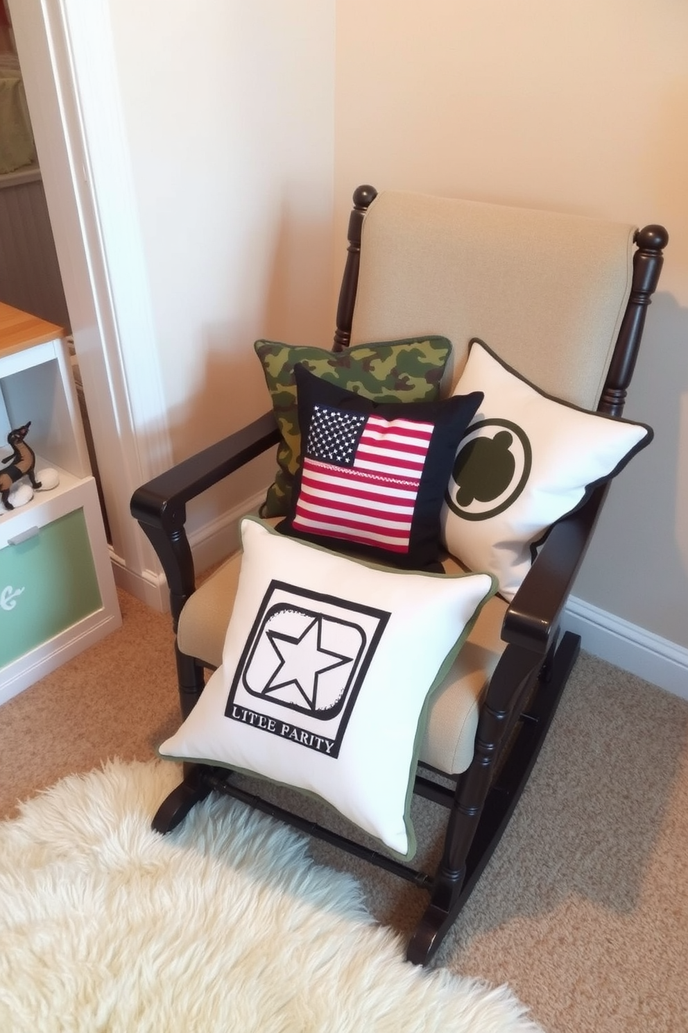 Decorative pillows featuring military themes are arranged on a cozy nursery rocking chair. Each pillow showcases different designs such as camouflage patterns and patriotic symbols, adding a unique touch to the child's space. The nursery is painted in soft pastel colors, creating a warm and inviting atmosphere. A plush area rug lies on the floor, complementing the decorative pillows and providing a comfortable play area for the child.