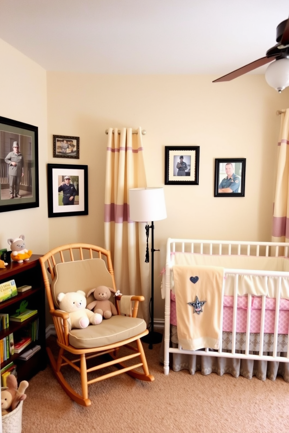 Create a warm and inviting nursery that honors family veterans. The walls are adorned with framed photos of family members in uniform, showcasing their service and dedication. Incorporate soft pastel colors for the bedding and curtains to create a soothing atmosphere. A cozy rocking chair sits in the corner, surrounded by plush toys and a small bookshelf filled with children's books.