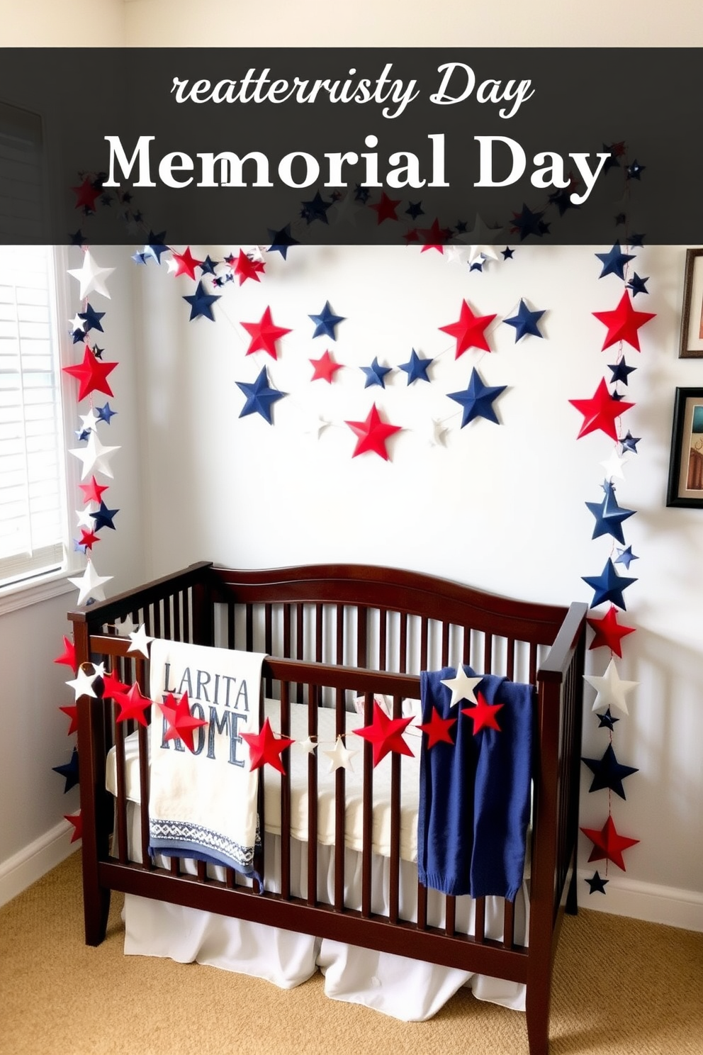 A charming nursery decorated for Memorial Day features a patriotic star garland draped across the wall. The garland is adorned with red white and blue stars creating a festive and welcoming atmosphere.