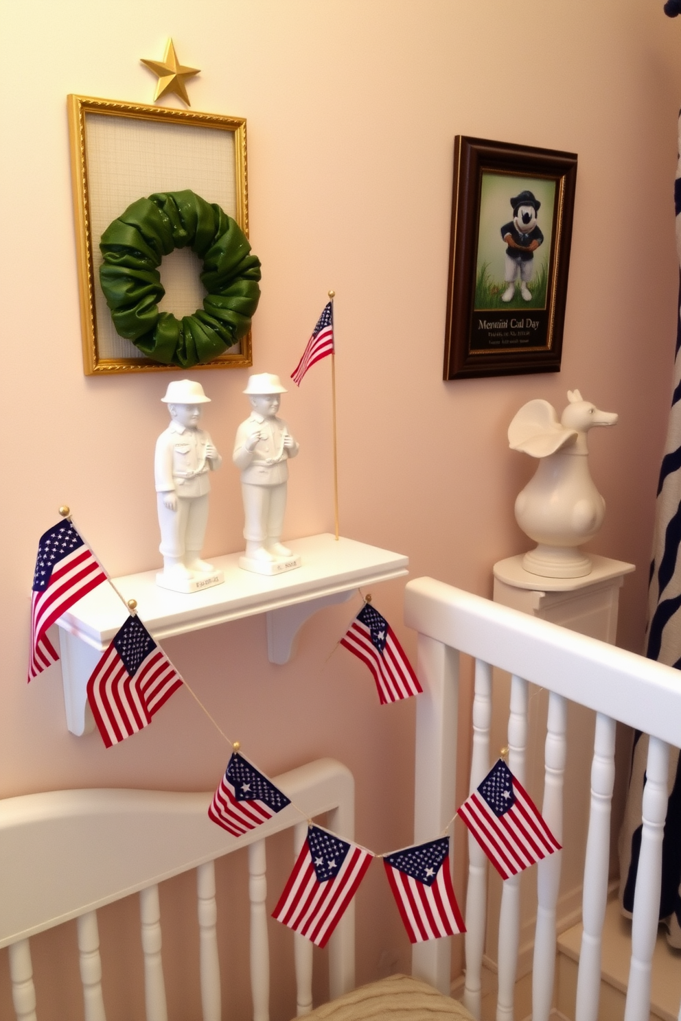 A charming nursery decorated for Memorial Day features ceramic figurines of soldiers standing proudly on a shelf. The room is adorned with soft pastel colors, and small flags are playfully arranged around the space, creating a festive yet serene atmosphere.