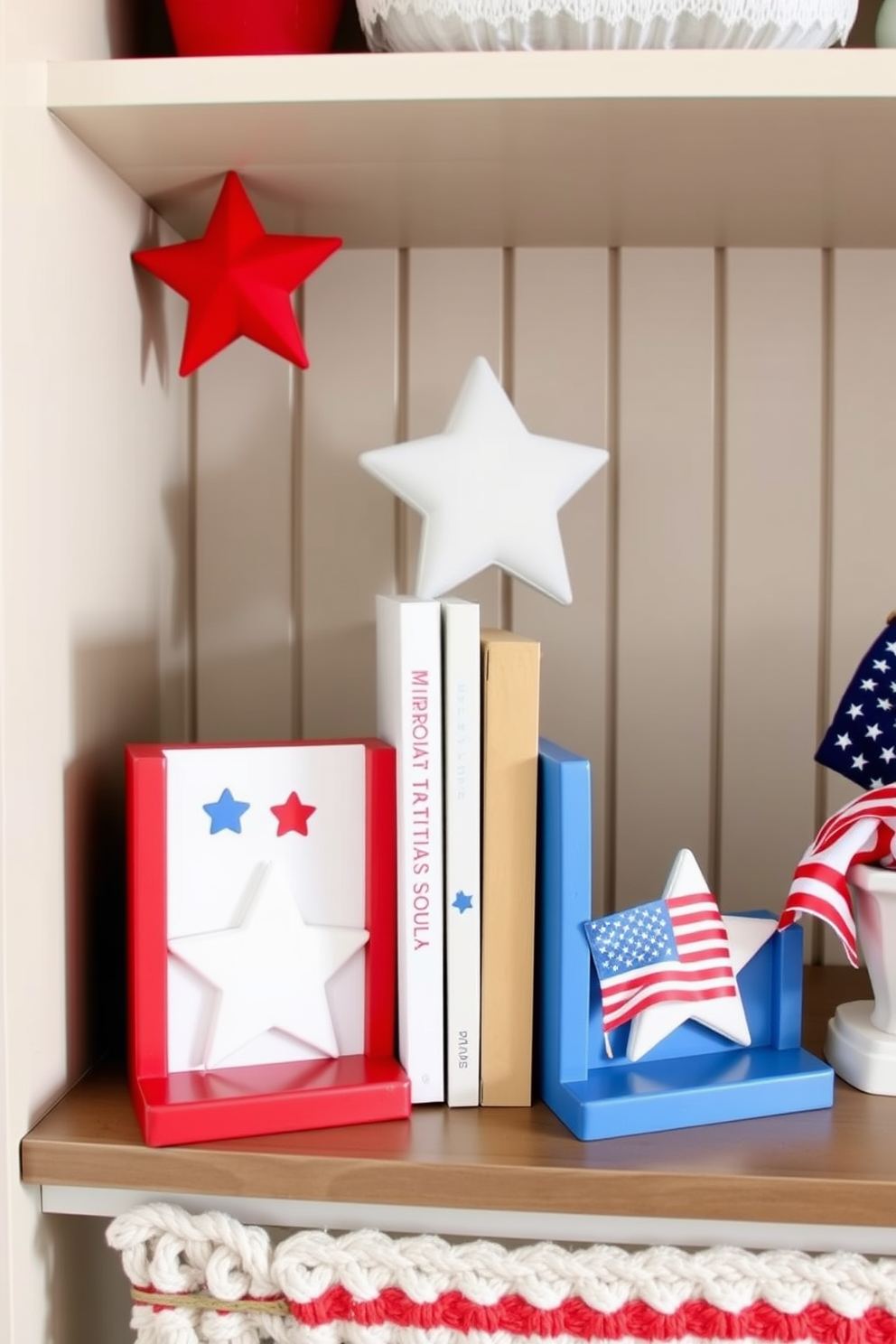 Create a charming nursery shelf featuring patriotic themed bookends that showcase red white and blue designs. Incorporate soft textures and playful elements to enhance the Memorial Day spirit while ensuring a cozy atmosphere for the little one.