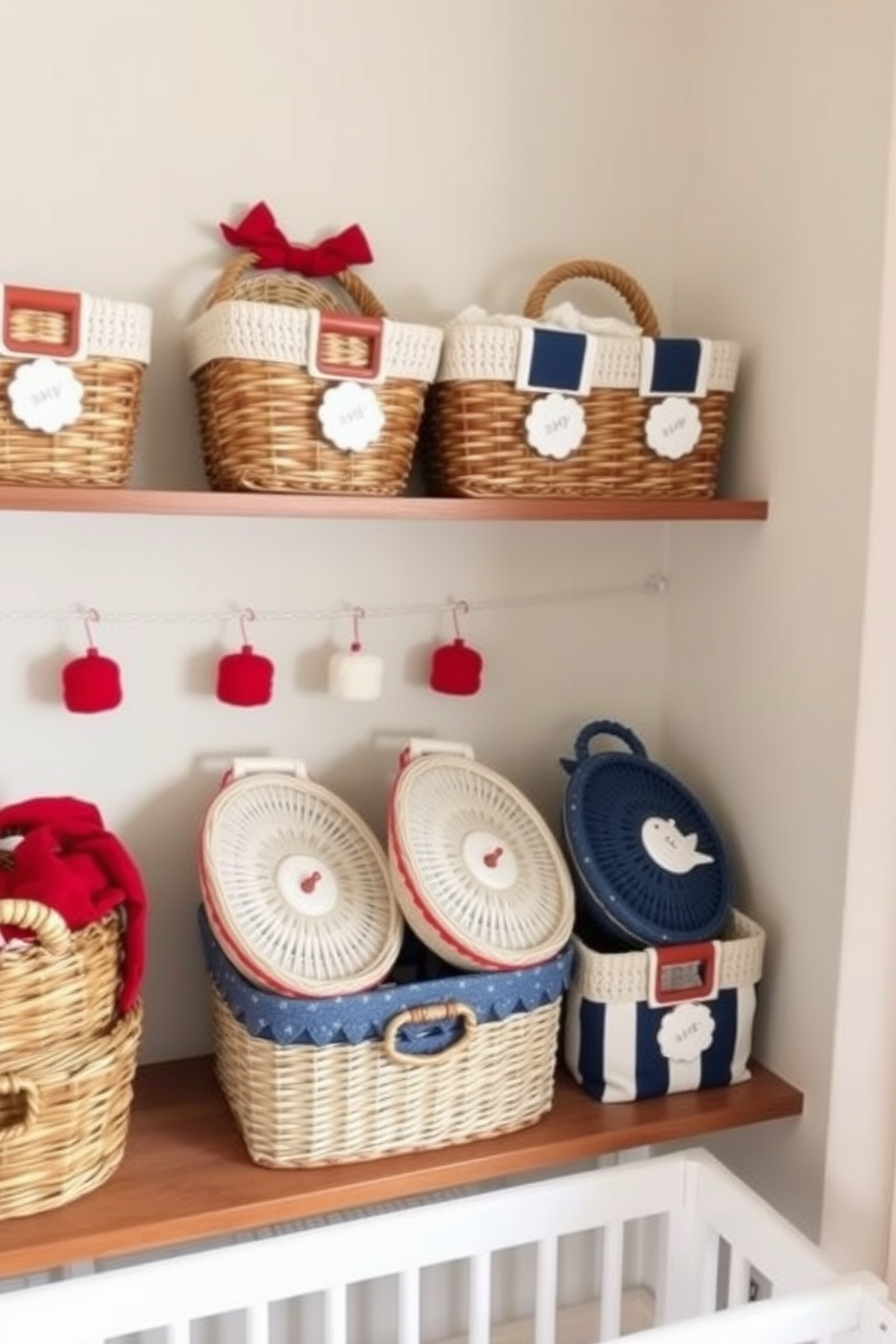 A cozy nursery adorned with decorative baskets in red, white, and blue. The baskets are arranged neatly on a wooden shelf, adding a festive touch to the space while providing functional storage.