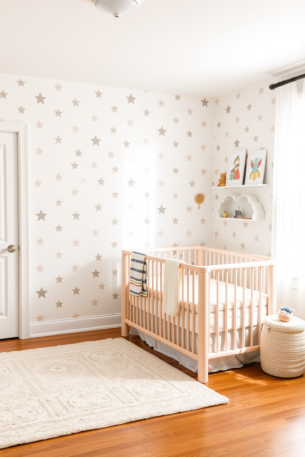 A cozy nursery featuring an accent wall adorned with star patterned wallpaper in soft pastel colors. The room is filled with natural light, creating a warm and inviting atmosphere for a child's space. A plush crib is positioned against the starry wall, complemented by a soft area rug on the hardwood floor. Decorate the room with whimsical accessories, such as cloud-shaped shelves and cheerful artwork, to enhance the Memorial Day theme.