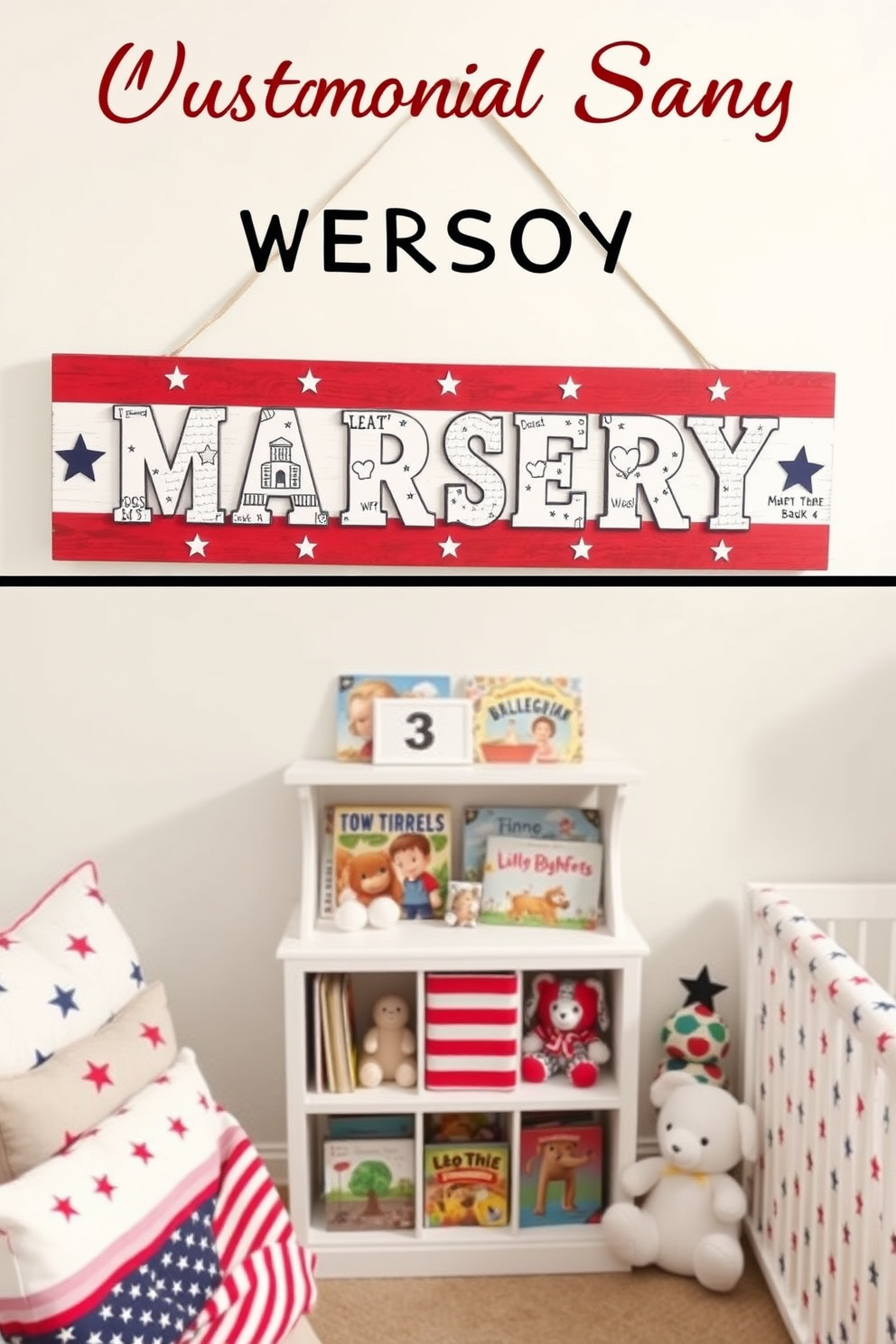 A custom name sign is designed for a nursery, featuring bold patriotic colors of red, white, and blue. The sign is adorned with stars and stripes, creating a festive and welcoming atmosphere for a Memorial Day celebration. The nursery is decorated with soft pastel accents, complemented by themed cushions and blankets. A cozy reading nook is set up with a small bookshelf filled with children's books and plush toys, enhancing the playful environment.