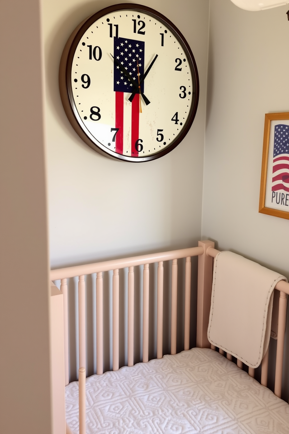 A charming nursery decorated with a wall clock featuring an American flag design. The room is filled with soft pastel colors, and a cozy crib is placed against the wall adorned with patriotic-themed artwork.