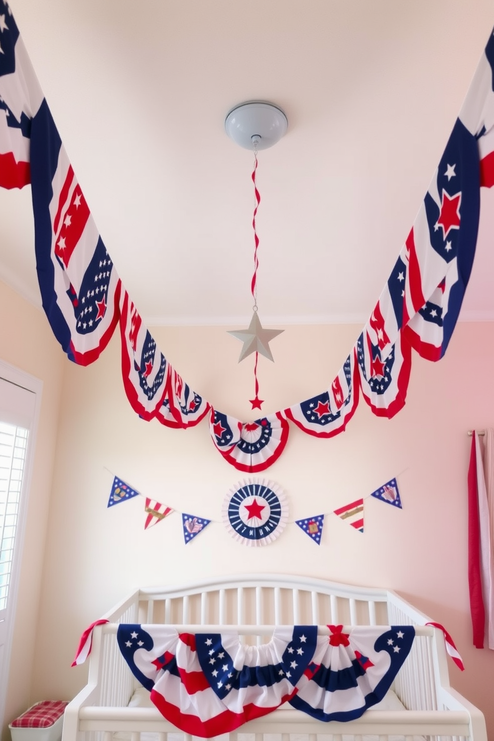 A cheerful nursery decorated for Memorial Day features colorful bunting adorned with stars and stripes hanging from the ceiling. The walls are painted in soft pastel colors, creating a warm and inviting atmosphere for children.