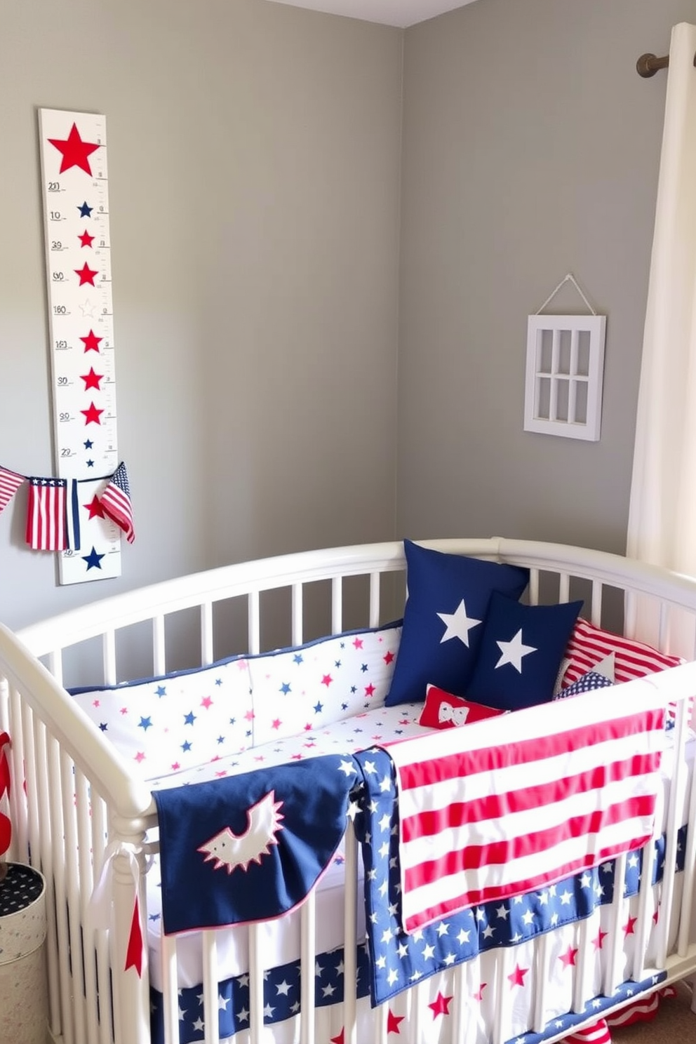 A patriotic themed growth chart is prominently displayed on the wall, featuring red, white, and blue colors along with stars and stripes. The nursery is decorated with soft, comfortable furnishings, including a cozy crib adorned with themed bedding and playful accents that celebrate Memorial Day.