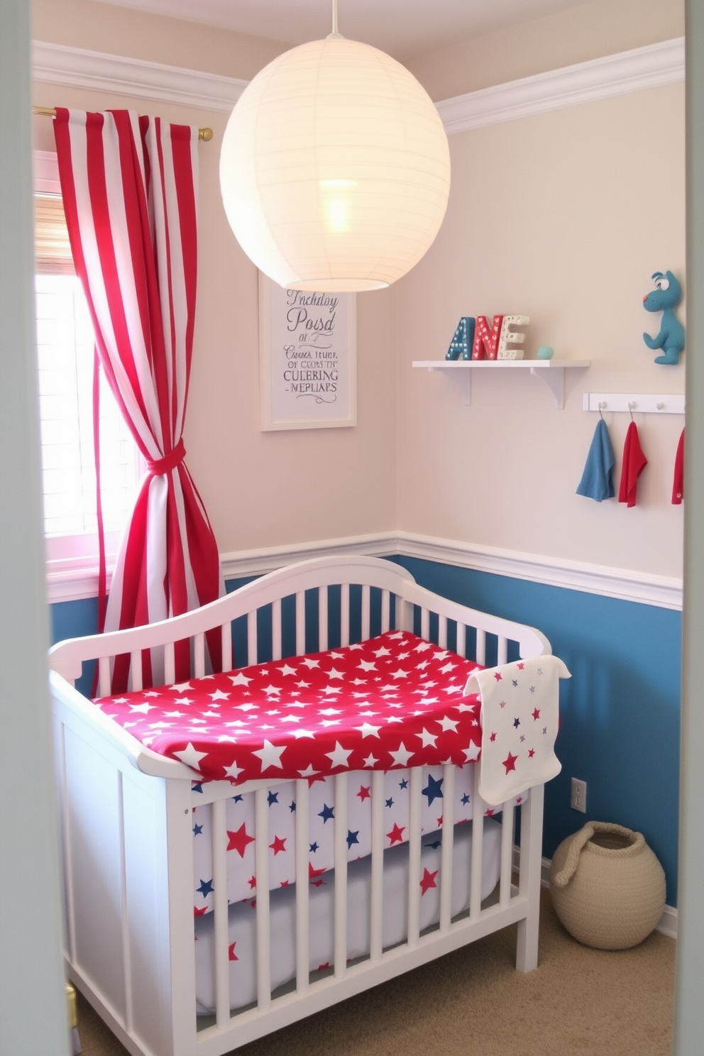 A charming nursery designed with a red white and blue theme. The changing pad is adorned with a playful star pattern and surrounded by soft pastel accents that evoke a festive yet soothing atmosphere.