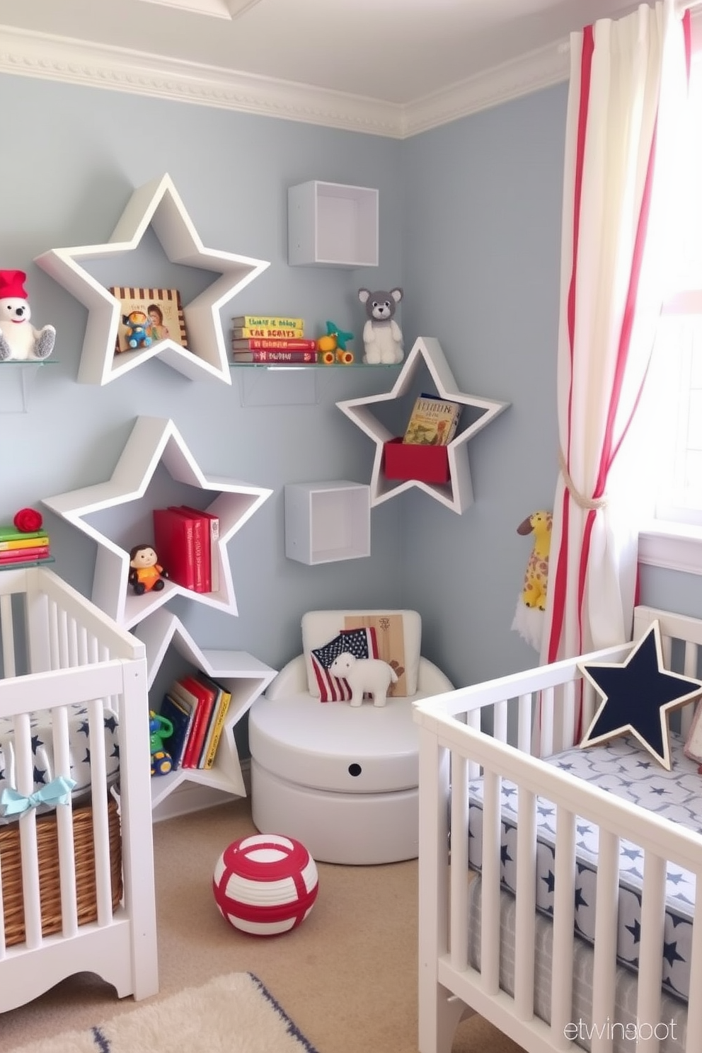 A whimsical nursery designed for a Memorial Day theme. The room features star-shaped shelving units filled with colorful toys and books, creating an inviting and playful atmosphere.