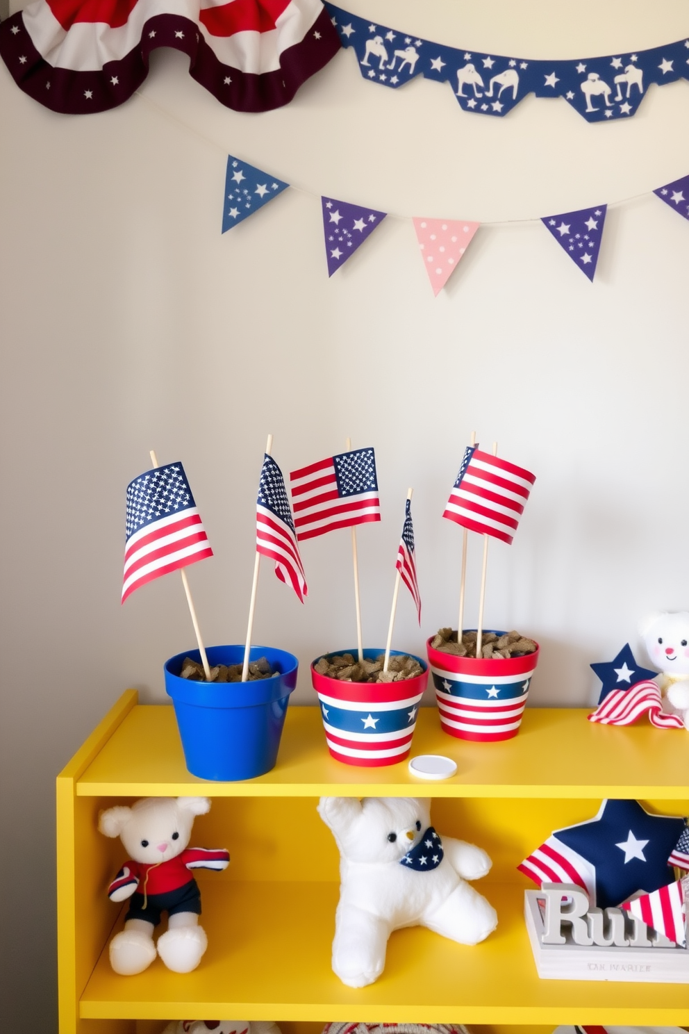 A charming nursery decorated for Memorial Day features mini American flags placed in vibrant flower pots. The pots are arranged on a cheerful, colorful shelf adorned with soft toys and patriotic-themed decor.