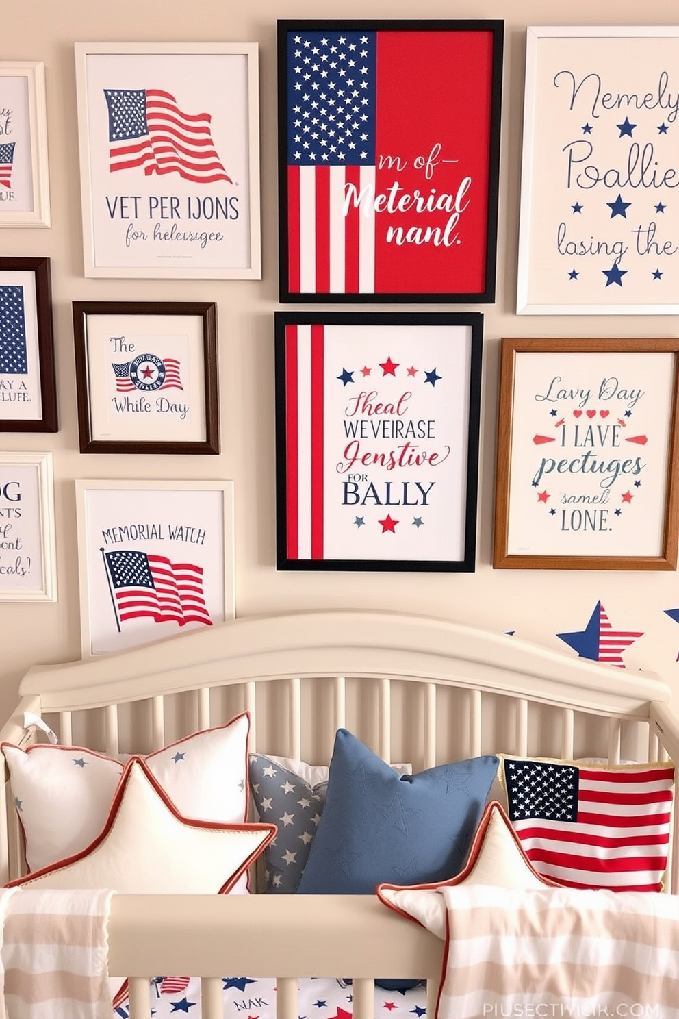 A collection of Memorial Day themed art prints featuring patriotic colors and symbols. The prints include images of flags, stars, and quotes honoring veterans, arranged in a gallery wall format. Creative nursery decorating ideas inspired by Memorial Day. Incorporate soft red, white, and blue colors, along with playful elements like star-shaped pillows and flag-themed wall decals.