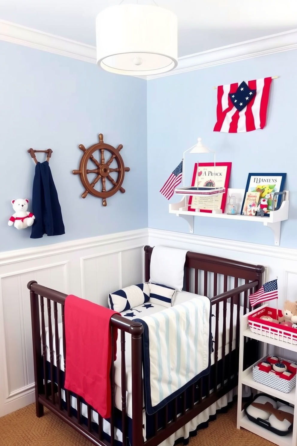 A charming nautical themed nursery featuring soft blue walls and white wainscoting. The room is adorned with accessories such as a ship wheel wall decor, anchor-themed plush toys, and a cozy crib with navy and white striped bedding. For Memorial Day nursery decorating ideas, the space is filled with red, white, and blue accents. A patriotic mobile hangs above the crib, and small flags are displayed on the shelves alongside themed books and toys.