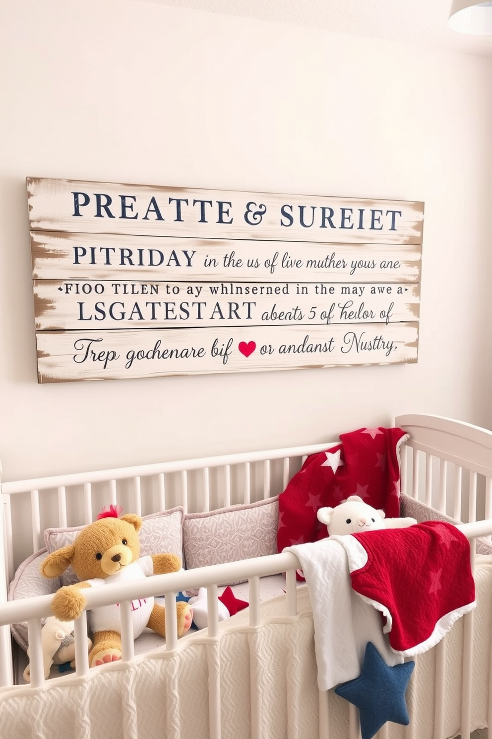 A rustic wooden sign is prominently displayed, featuring patriotic quotes that evoke a sense of pride and remembrance. The sign is adorned with subtle distressing, enhancing its vintage charm and creating a warm atmosphere in the nursery. The nursery is decorated with soft, pastel colors and cozy furnishings that complement the rustic theme. Plush toys and blankets in red, white, and blue hues are scattered around, creating a welcoming and playful environment for children.