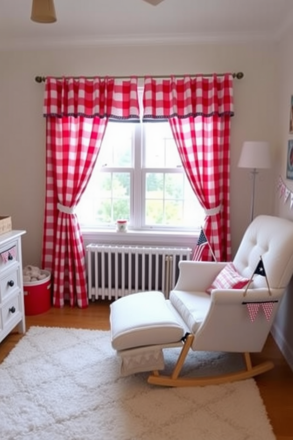 A charming nursery adorned with red gingham curtains that frame a sunny window. The curtains add a cozy touch, complementing the soft pastel colors of the room's decor. Thoughtfully arranged with playful decor elements, the nursery features a comfortable rocking chair and a plush area rug. Memorial Day themed accents, such as small flags and star motifs, enhance the festive atmosphere while maintaining a serene environment.