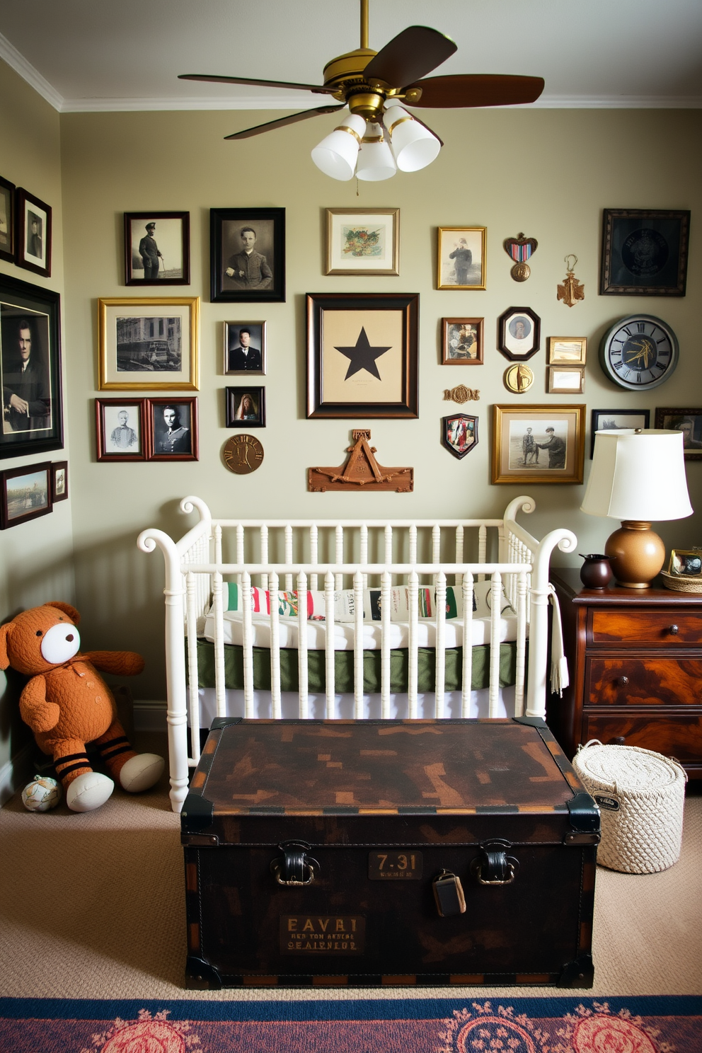 A charming nursery decorated with vintage military memorabilia. The walls are adorned with framed photographs and medals, creating a nostalgic atmosphere. A cozy crib sits in the center, surrounded by plush toys in military colors. A vintage trunk serves as a storage chest, adding character and functionality to the space.