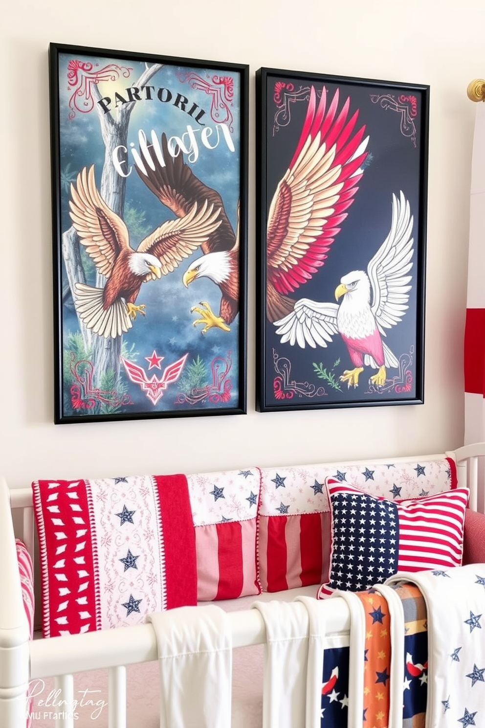 Eagle motifs adorn the wall art pieces, bringing a sense of strength and freedom to the nursery. The artwork features vibrant colors and intricate designs, creating a captivating focal point for the space. Memorial Day nursery decorating ideas incorporate patriotic elements while maintaining a soft and inviting atmosphere. Red, white, and blue accents can be used in bedding, curtains, and decorative pillows to celebrate the holiday in a charming way.