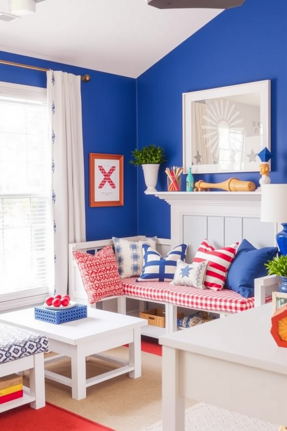 Create a vibrant playroom that incorporates a bright red, white, and blue color scheme for a festive Memorial Day theme. The walls are painted in a cheerful red, while the furniture features white and blue accents, including a cozy seating area with patterned cushions and playful decor.