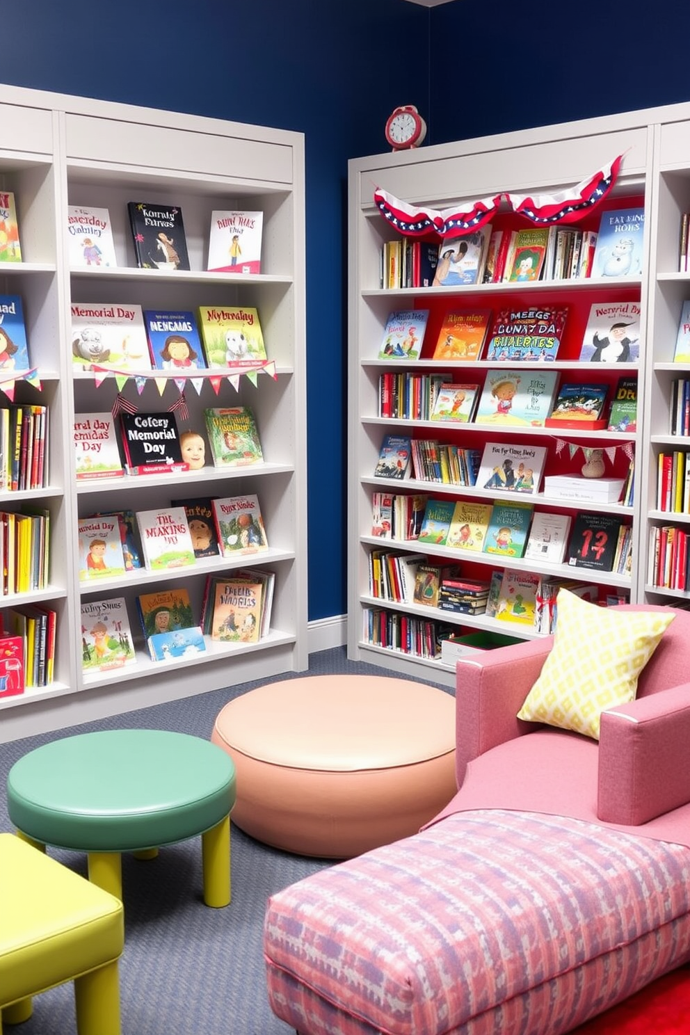 Themed bookshelves filled with holiday books create a vibrant and festive atmosphere. Each shelf showcases a curated collection of titles celebrating Memorial Day, complemented by decorative elements like small flags and patriotic-themed decor. In the playroom, bright colors and playful designs inspire creativity and fun. Cozy seating areas are arranged around the bookshelves, inviting children to explore stories and engage in imaginative play.