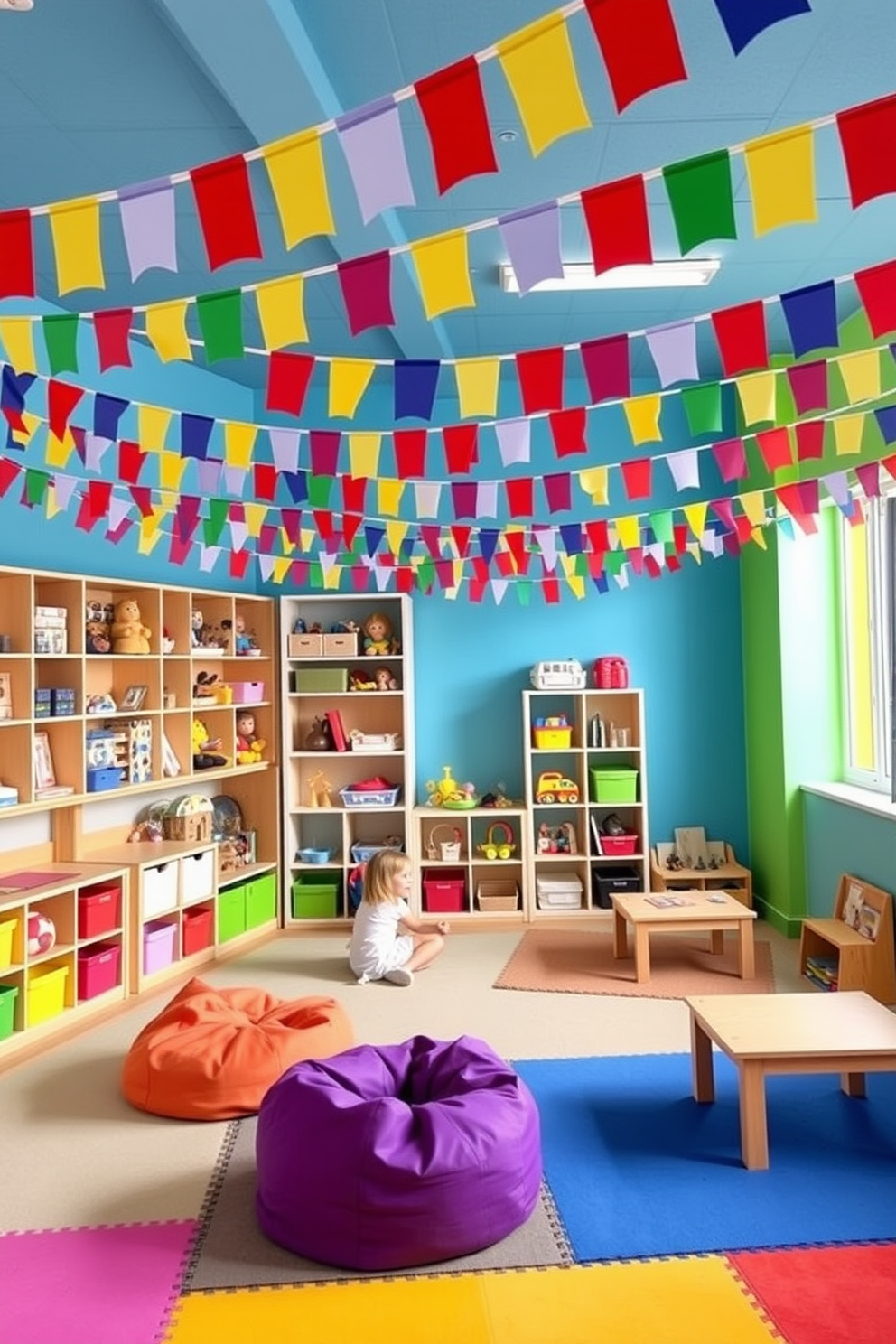 A vibrant playroom filled with colorful flag bunting creating a festive atmosphere. The walls are painted in bright primary colors, and soft play mats cover the floor for comfort and safety. The room features a variety of toys organized in open shelving, inviting children to explore and play. Cozy seating areas with bean bags and small tables encourage creativity and group activities.