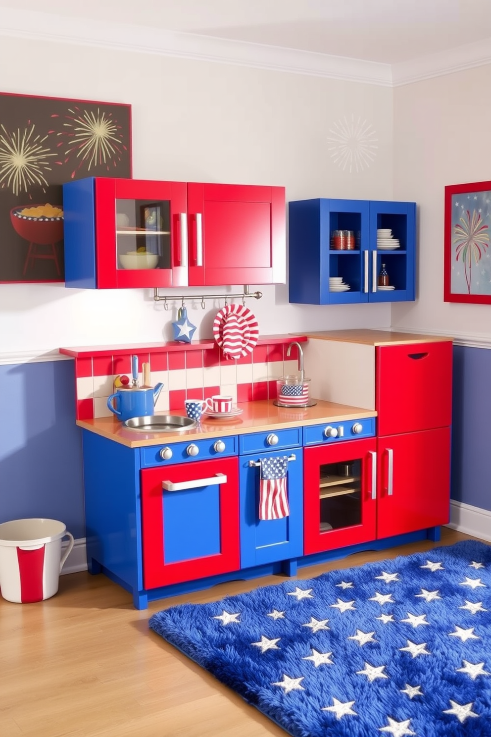 A cheerful play kitchen designed for children, featuring bright red and blue cabinetry that reflects a patriotic theme. The countertops are adorned with charming dishware showcasing stars and stripes, creating an inviting atmosphere for imaginative play. The playroom is decorated with vibrant accents, including a plush area rug in the colors of the American flag. Wall art featuring playful depictions of summer barbecues and fireworks adds a festive touch to the space.