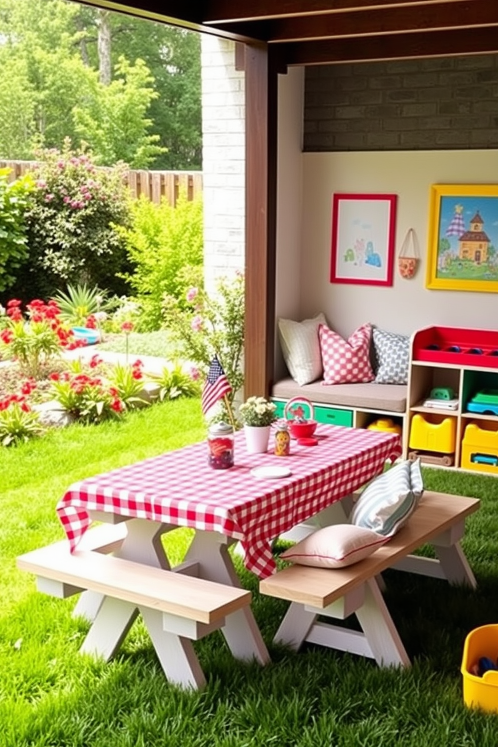 A charming outdoor picnic table is set up in a vibrant backyard, surrounded by lush green grass and colorful flowers. The table is adorned with a cheerful red and white checkered tablecloth and a variety of playful decorations for a festive Memorial Day celebration. The playroom features a cozy corner with soft cushions and playful artwork on the walls. Brightly colored toys are neatly arranged, creating an inviting space for children to enjoy their playtime activities.