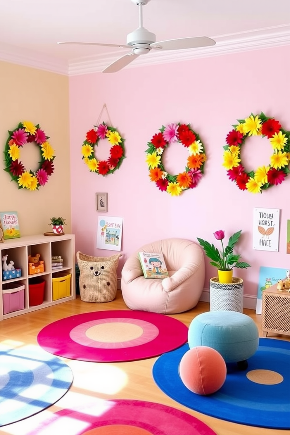 A vibrant playroom filled with joy and creativity. The walls are painted in soft pastel colors, and colorful decorative wreaths adorned with summer flowers hang on the walls, adding a cheerful touch. A cozy reading nook is set up in one corner with a plush bean bag and a small bookshelf. Brightly colored rugs cover the floor, and playful artwork is displayed throughout the space to inspire imagination.