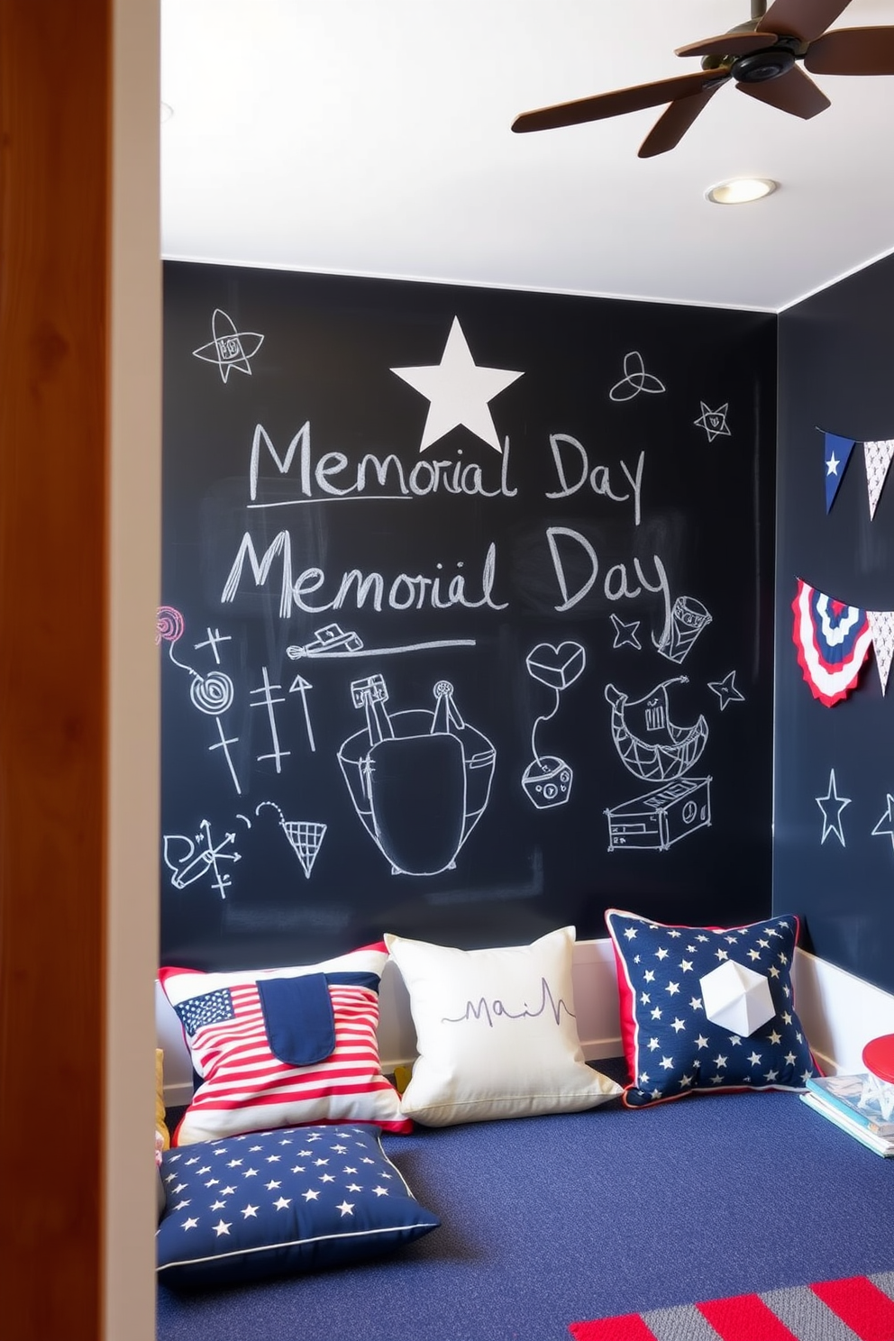 A playroom designed for Memorial Day features a large chalkboard wall where children can freely draw and express their creativity. The space is filled with red, white, and blue decorations, including themed cushions and playful banners that celebrate the holiday.