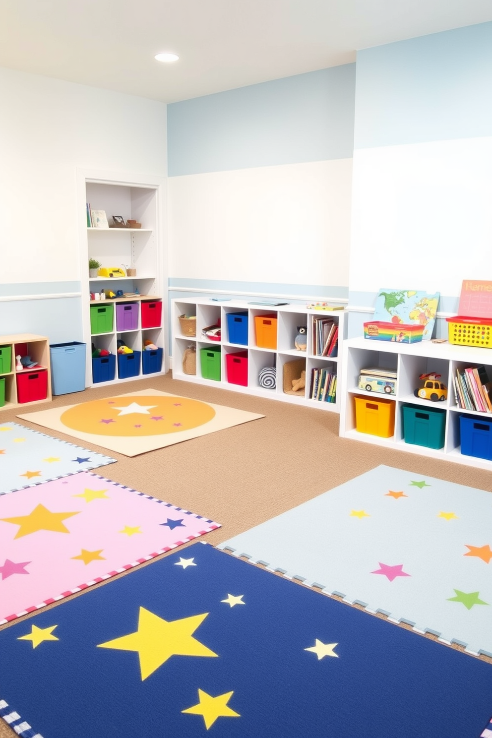 A vibrant playroom featuring play mats adorned with star and stripe patterns. The walls are painted in soft blue and white tones, complemented by colorful storage bins filled with toys and books.