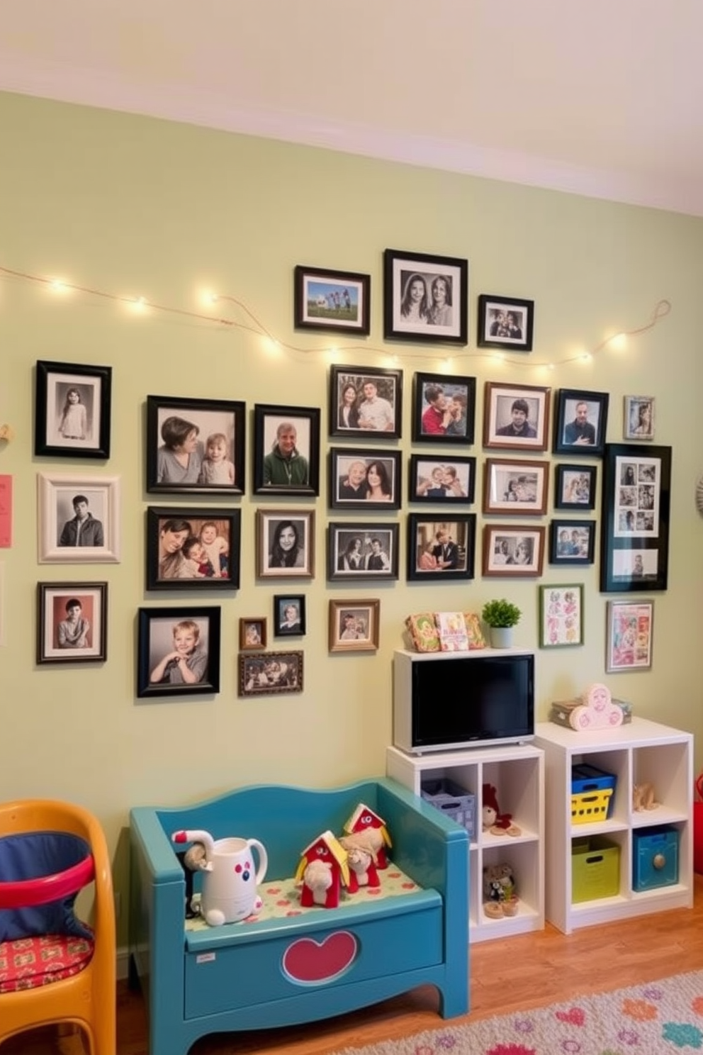 Create a cozy memory wall for family photos featuring an array of framed pictures in various sizes. The wall should be painted in a soft pastel color, with decorative elements like string lights and a small shelf for mementos. Design a vibrant playroom that encourages creativity and fun. Include colorful furniture, playful wall art, and designated areas for different activities such as reading, crafting, and games.