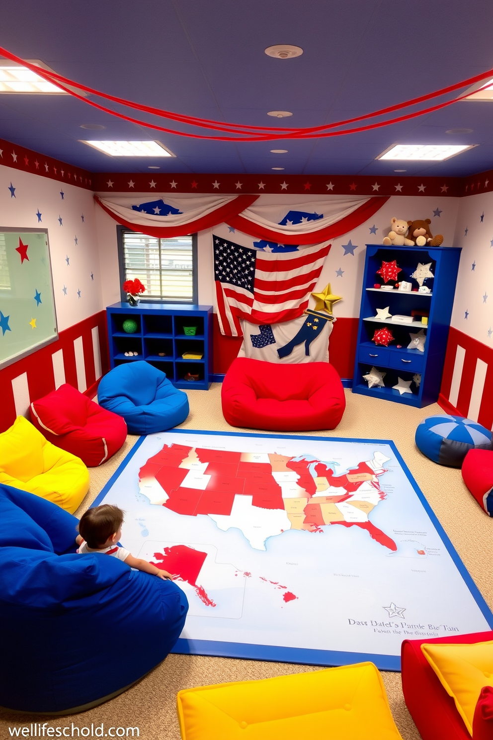 A vibrant playroom inspired by the theme of Memorial Day. The walls are painted in red white and blue with playful star and stripe patterns adorning the decor. In the center of the room, a large interactive map of the United States is displayed on the floor, allowing children to explore different states. Colorful bean bags and plush seating are arranged around the map, creating a cozy and inviting space for play and learning.