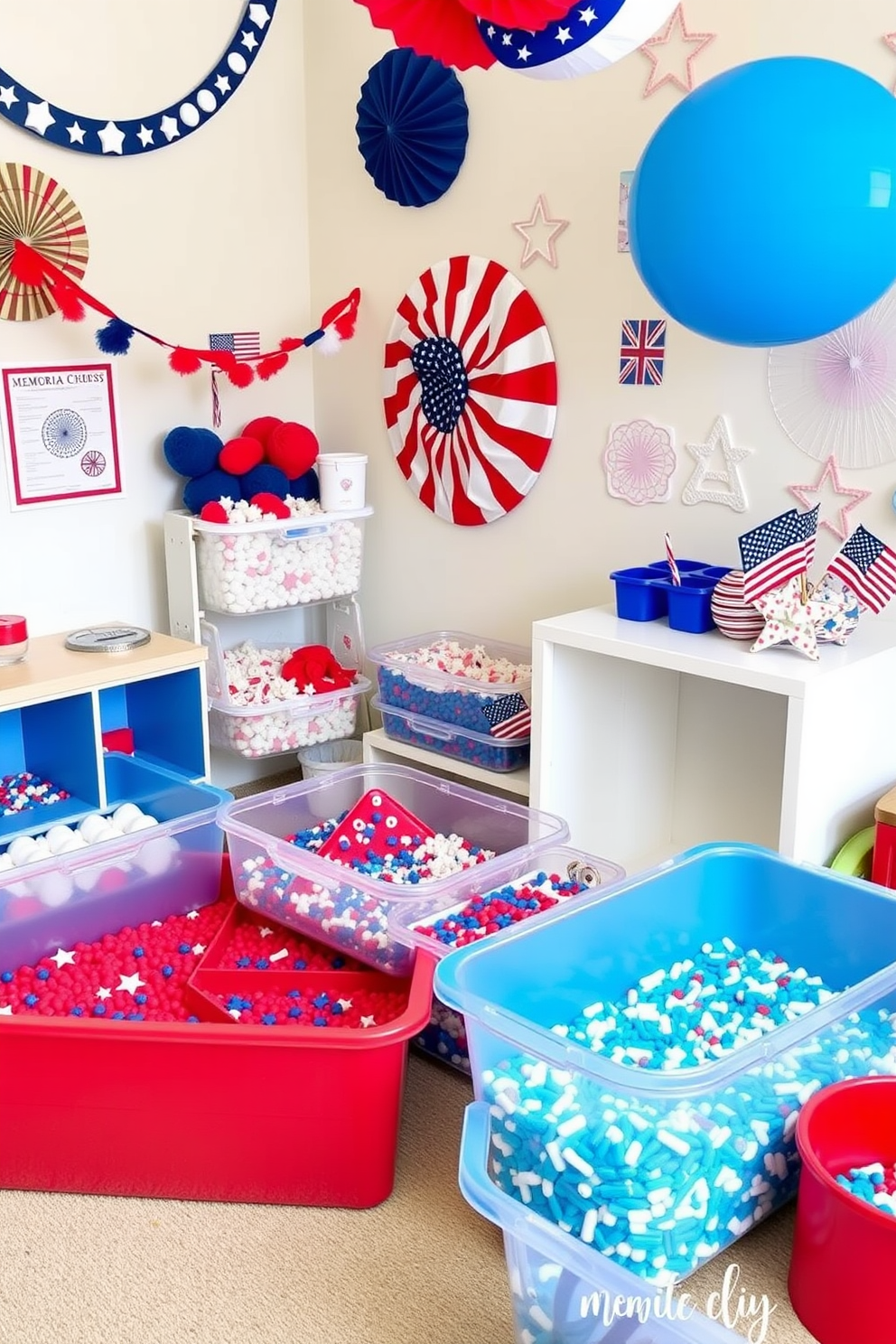 Create a vibrant playroom filled with sensory bins showcasing an array of red, white, and blue items. The space is adorned with playful decorations that evoke a festive atmosphere for Memorial Day celebrations.