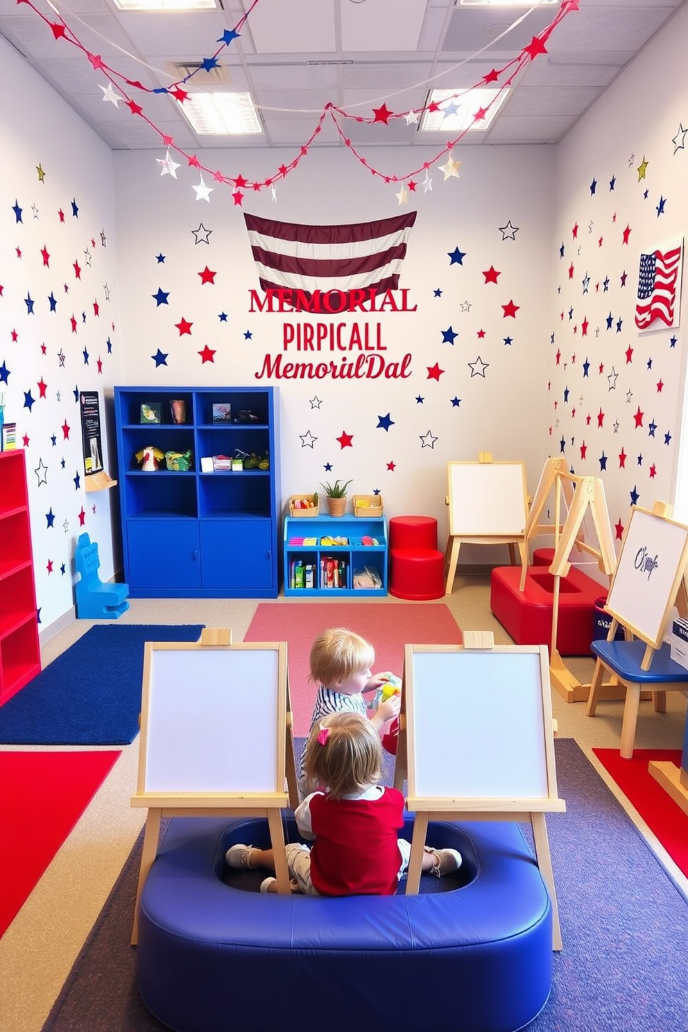 A vibrant playroom filled with energy and creativity. The walls are adorned with patriotic wall decals and stickers celebrating Memorial Day, featuring stars and stripes in red, white, and blue. Colorful rugs and soft seating create a welcoming atmosphere for children. A dedicated art corner with easels and supplies encourages imaginative play while complementing the patriotic theme.