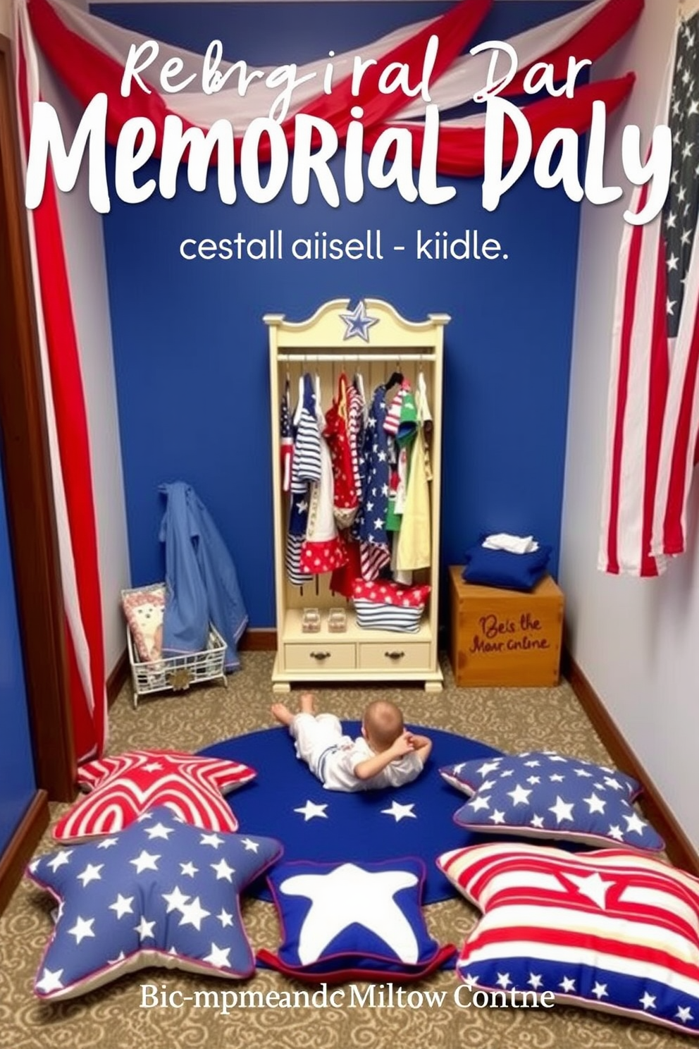 A vibrant themed dress-up corner for kids celebrating Memorial Day. The space features a red, white, and blue color scheme with a small wooden dress-up rack filled with costumes and accessories. A cozy play mat in the center invites children to sit and play. Colorful cushions shaped like stars and stripes provide comfortable seating for storytime or imaginative play.