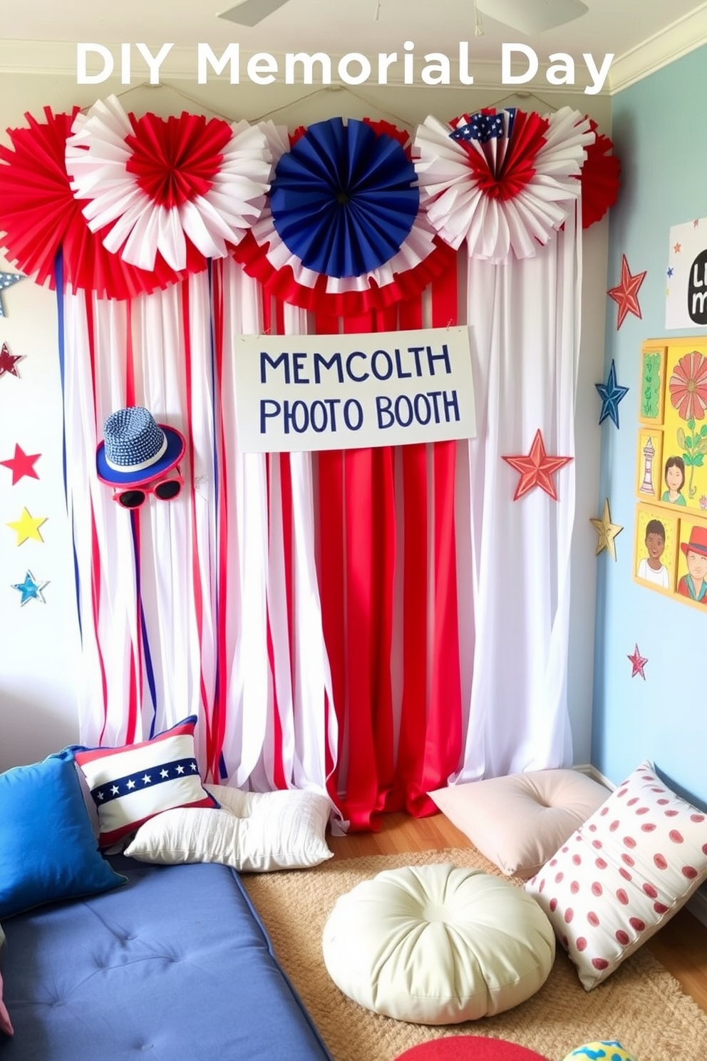 A vibrant DIY photo booth setup decorated for Memorial Day. The backdrop features red white and blue streamers alongside patriotic props like hats and sunglasses. The playroom is filled with colorful decorations that inspire creativity and fun. Soft cushions and playful wall art create an inviting space for children to enjoy.