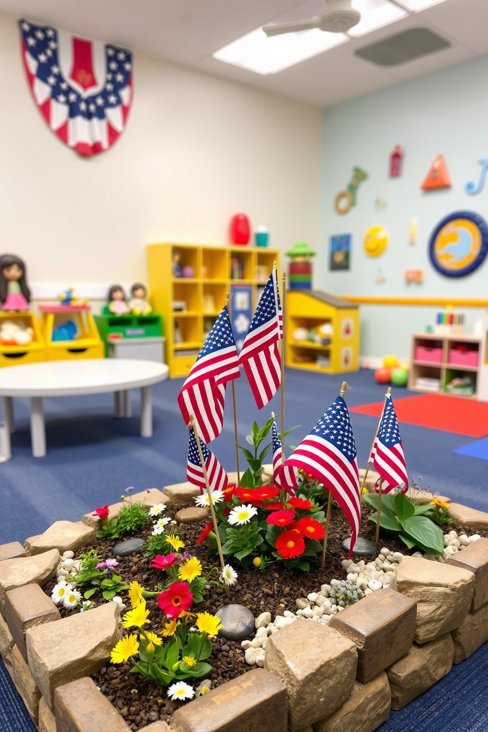 A charming miniature garden is adorned with vibrant American flags, celebrating Memorial Day. The garden features a variety of colorful flowers and small decorative elements that evoke a sense of patriotism and joy. The playroom is designed with playful colors and fun patterns, creating an inviting atmosphere for children. It includes cozy seating areas, interactive toys, and wall art that inspires creativity and imagination.