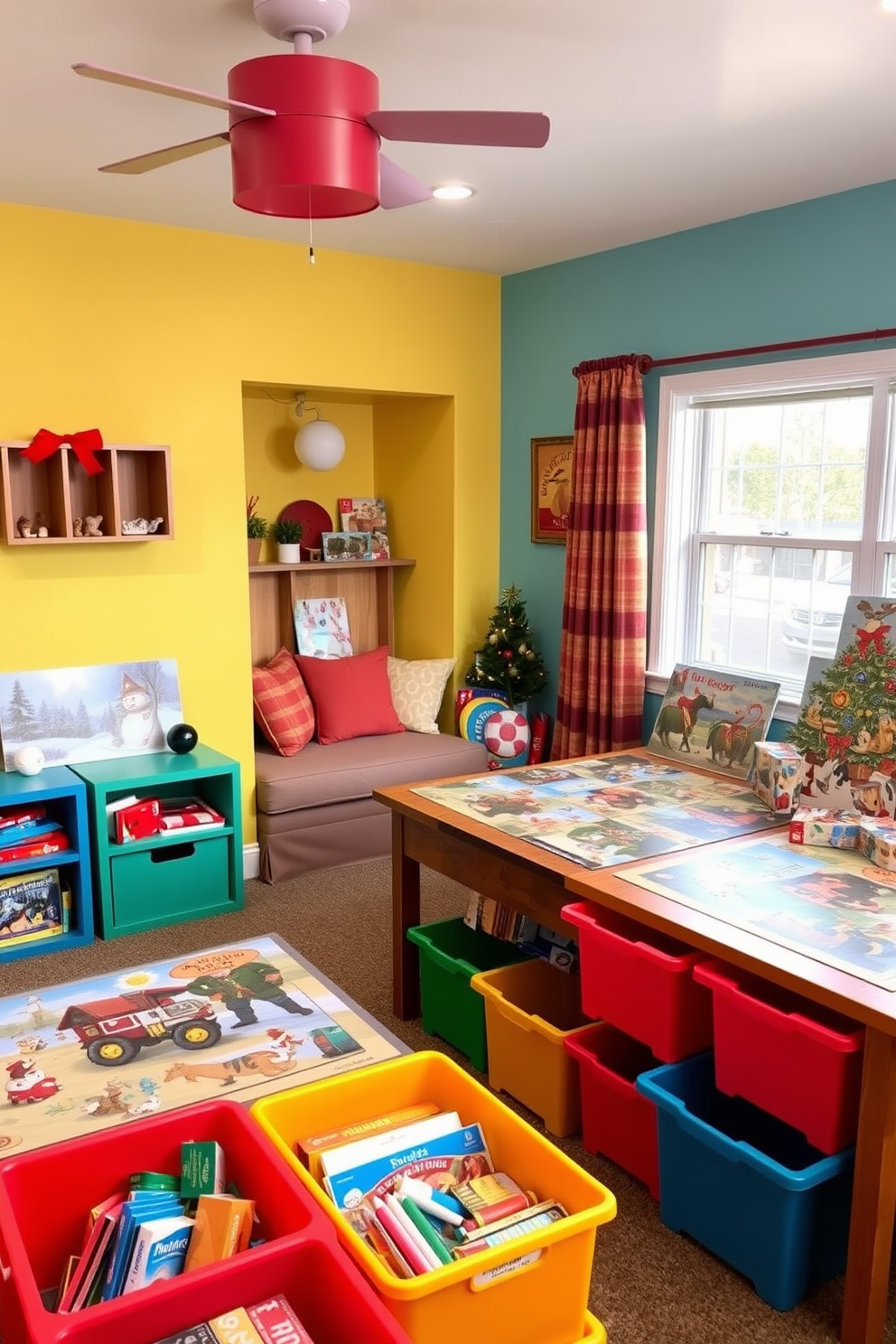 A vibrant playroom filled with holiday-themed puzzles that inspire creativity and fun. The walls are painted in cheerful colors, and a cozy reading nook is set up with plush cushions and a small bookshelf. In one corner, a large table is adorned with various puzzles showcasing festive scenes. Brightly colored storage bins are neatly organized, holding additional games and art supplies for children to enjoy.