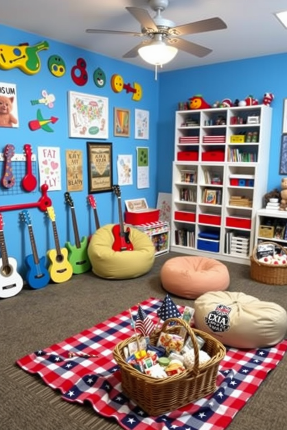 A vibrant playroom filled with colorful musical instruments to inspire creativity. The walls are adorned with playful artwork, and a cozy reading nook is set up with bean bags and shelves of books. For Memorial Day, the space is decorated with red, white, and blue accents. A picnic area is created with a checkered blanket and a basket filled with fun summer snacks.