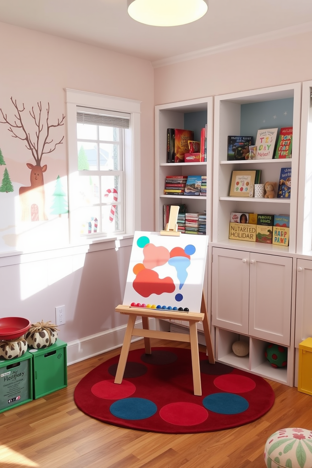 A bright and cheerful playroom designed for creating holiday art. An art easel stands in the corner, surrounded by colorful paint supplies and a cozy rug for kids to sit on. The walls are adorned with playful murals depicting festive scenes. Shelves filled with holiday-themed books and toys add to the joyful atmosphere.