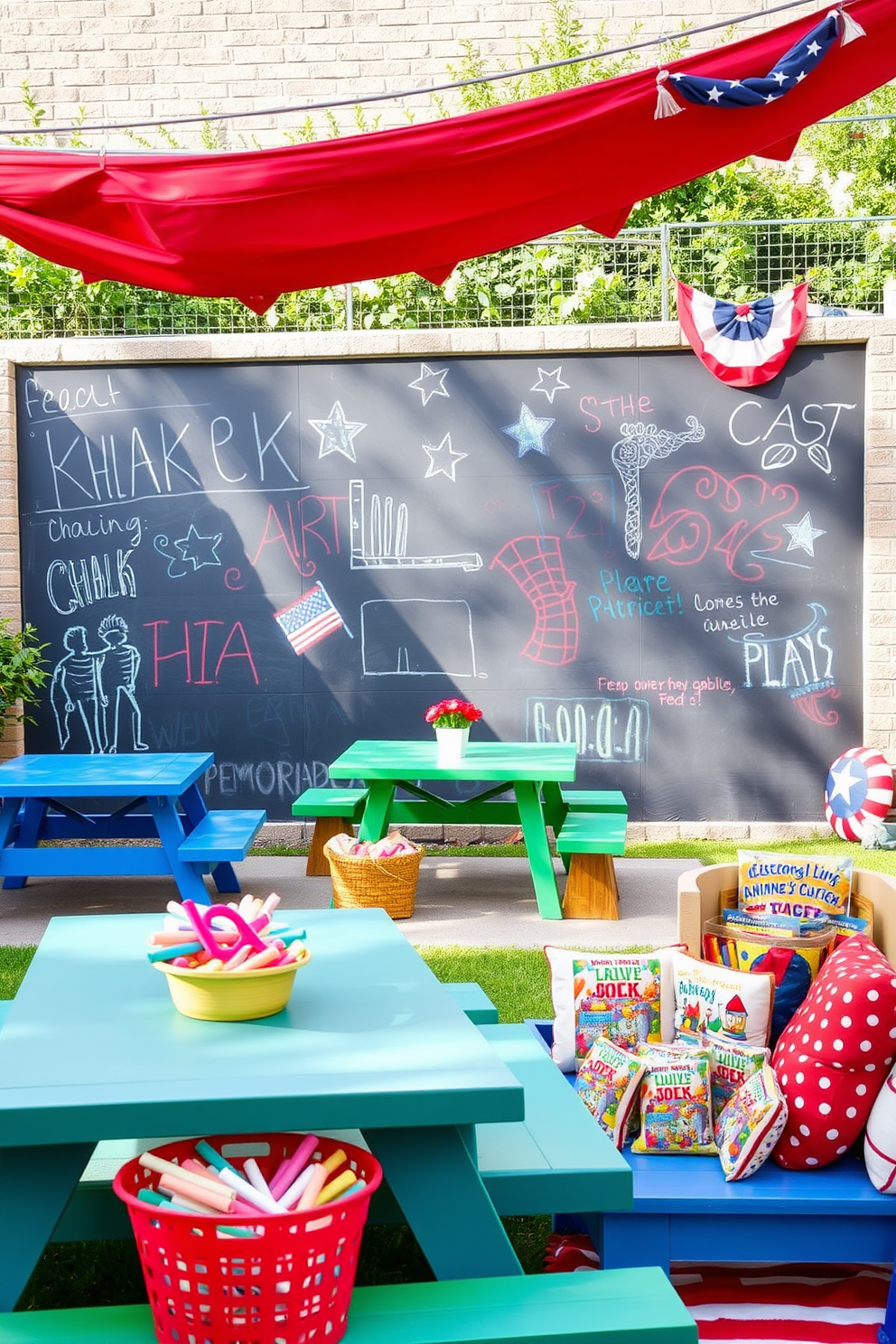 A vibrant outdoor chalk art area designed for creativity features a large chalkboard wall surrounded by colorful benches and picnic tables. Brightly colored chalks are neatly arranged in baskets, inviting children to express their artistic talents while enjoying the fresh air. The Memorial Day playroom is decorated with red, white, and blue accents, including festive bunting and themed cushions. A cozy reading nook with patriotic-themed books encourages children to learn about the holiday while having fun.