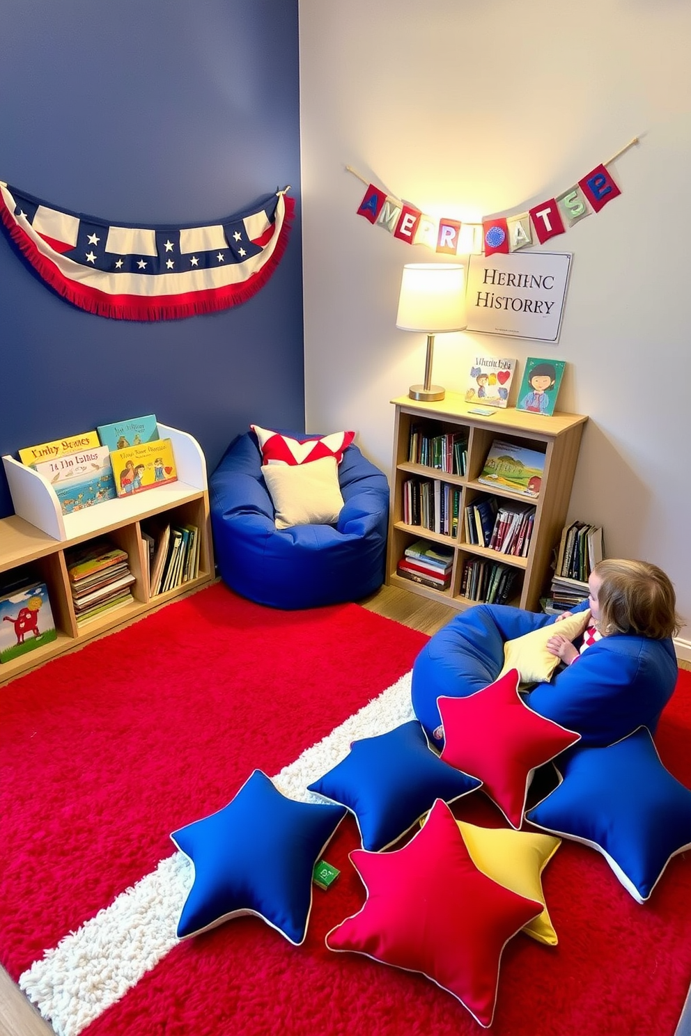 A cozy storytime corner designed for children to explore patriotic tales. The space features a plush red and white striped rug, comfortable bean bags in blue, and a small bookshelf filled with books about American history. Soft lighting from a nearby lamp creates a warm atmosphere, while a decorative banner with stars and stripes hangs above. Colorful cushions in the shape of stars are scattered around, inviting children to sit and read together.