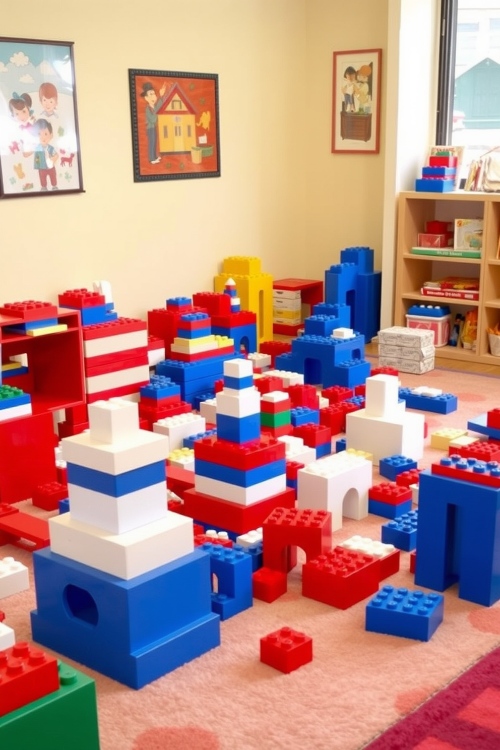 A vibrant playroom filled with building blocks in red, white, and blue creates a festive atmosphere. The walls are adorned with playful artwork and the floor is covered in a soft, colorful rug for comfort and creativity.