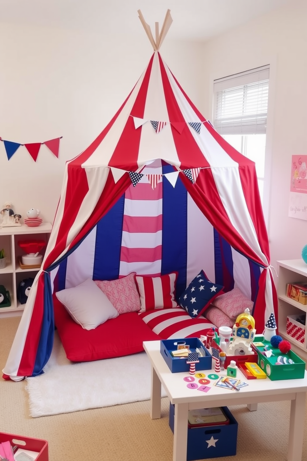 A whimsical play tent inspired by the colors of the American flag. The interior is adorned with red white and blue cushions and playful bunting hanging from the ceiling. The tent is set up in a bright playroom filled with cheerful decor. A small table with craft supplies and patriotic-themed toys completes the festive atmosphere.