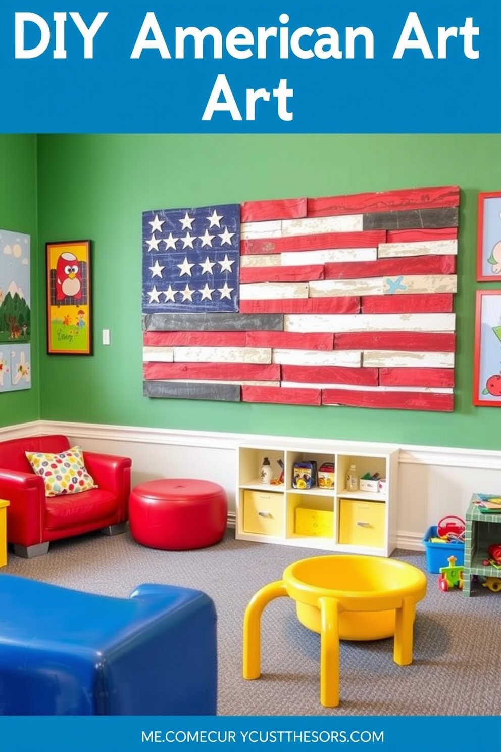 A creative DIY American flag art project that incorporates various materials such as wood, fabric, and paint to create a vibrant and textured piece. The artwork showcases the stars and stripes in a unique arrangement, perfect for celebrating Memorial Day in style. An inviting playroom designed with bright colors and playful patterns to stimulate children's creativity and imagination. The space features a mix of comfortable seating, interactive toys, and wall art that reflects themes of adventure and fun.