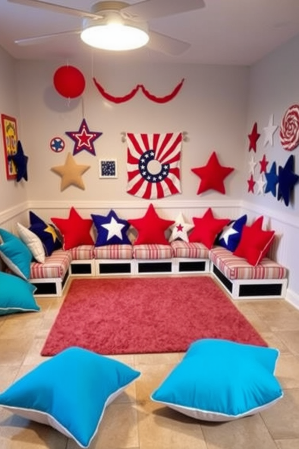 A playful playroom setting featuring vibrant star-shaped pillows scattered across a cozy seating area. The walls are adorned with cheerful colors and fun artwork, creating an inviting atmosphere for children to enjoy. Incorporate festive Memorial Day decorations such as red, white, and blue themed cushions and wall hangings. A large rug in the center adds warmth and comfort, making it the perfect space for family gatherings and playtime.