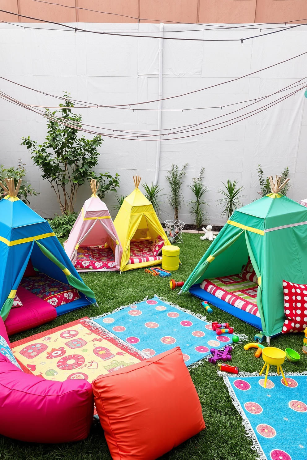 Outdoor themed play area with colorful tents set up on a soft grass surface. Surrounding the tents are vibrant cushions and playful rugs, creating a cozy and inviting atmosphere for children to explore and enjoy. Decorative string lights hang above, adding a whimsical touch to the space. Brightly colored toys and games are scattered throughout, encouraging creativity and imaginative play.