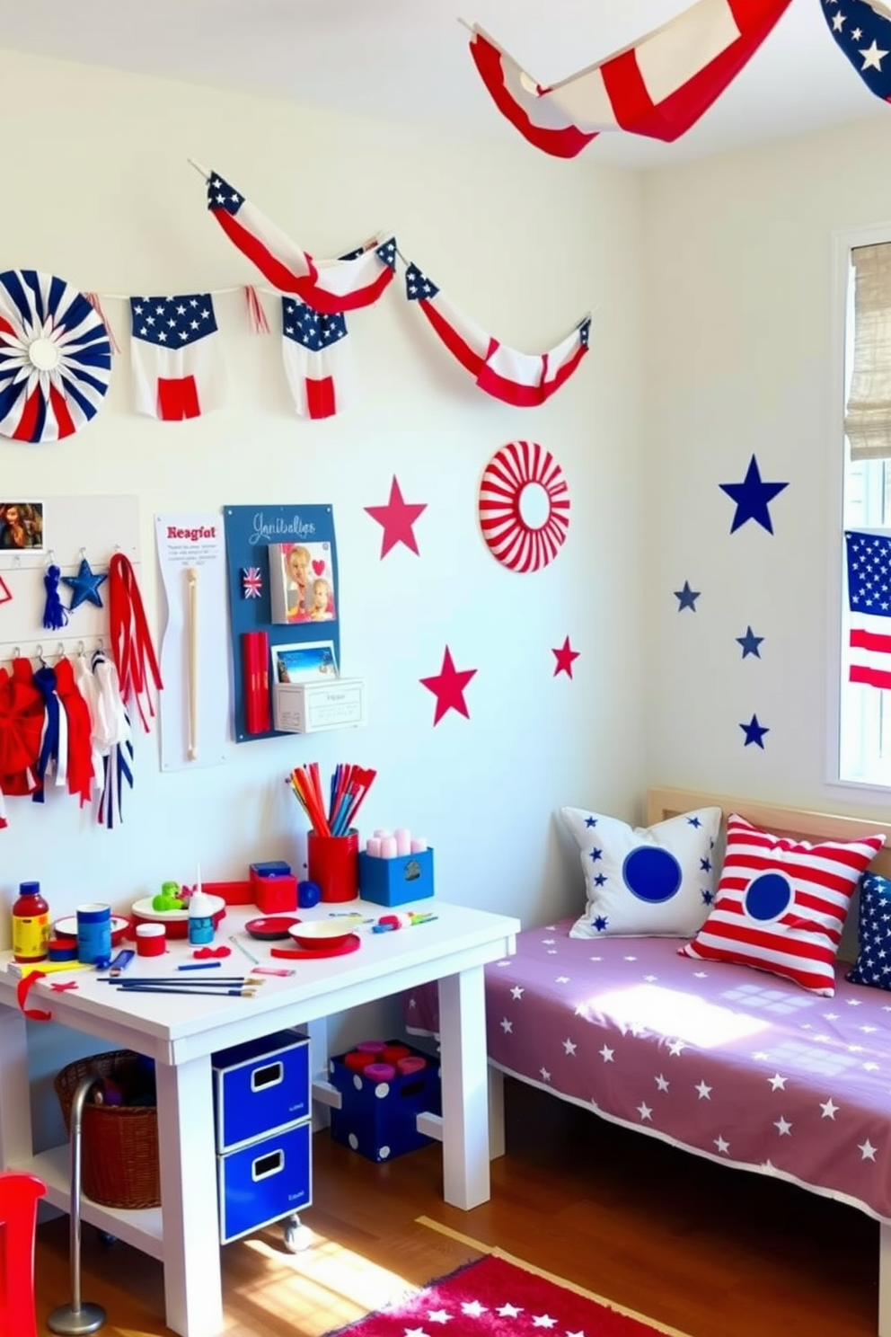 A vibrant craft station designed for Memorial Day projects. The table is adorned with red white and blue craft supplies including ribbons and paint, while patriotic banners hang above. A playful and festive playroom decorated for Memorial Day. The walls are painted in soft pastels with star and stripe motifs, and a cozy reading nook features cushions in the colors of the American flag.